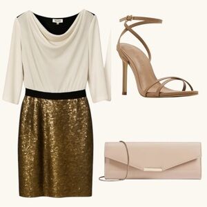 DKNYC Cream Draped Blouse + Gold Sequin Cocktail Dress • Size 8